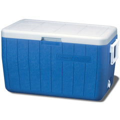 Coleman 48 Quart Blue Personal Cooler front view shows portable cooling for picnics and trips