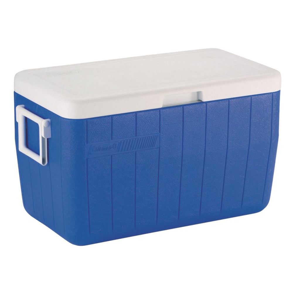 Coleman 48-quart blue cooler with lid open shows easy access for outdoor gatherings