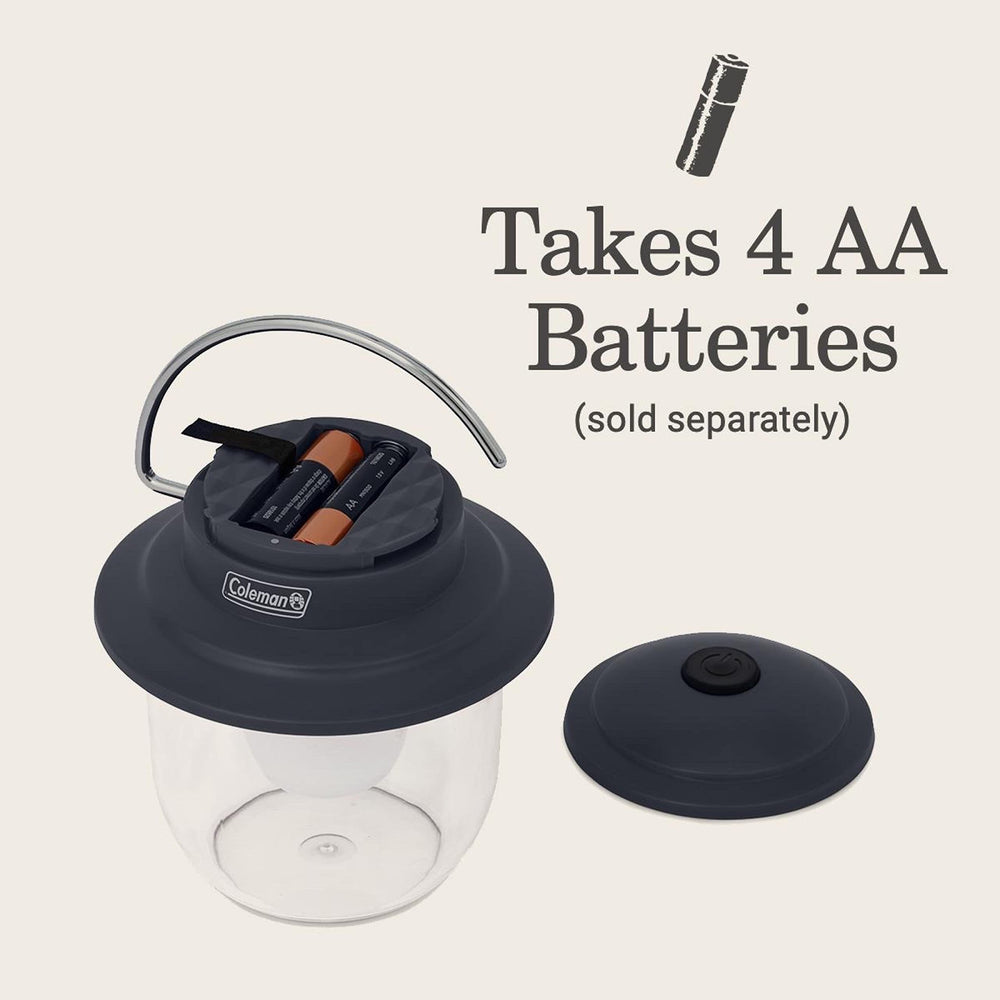 Coleman lantern powered by four AA batteries for flexible, portable lighting.