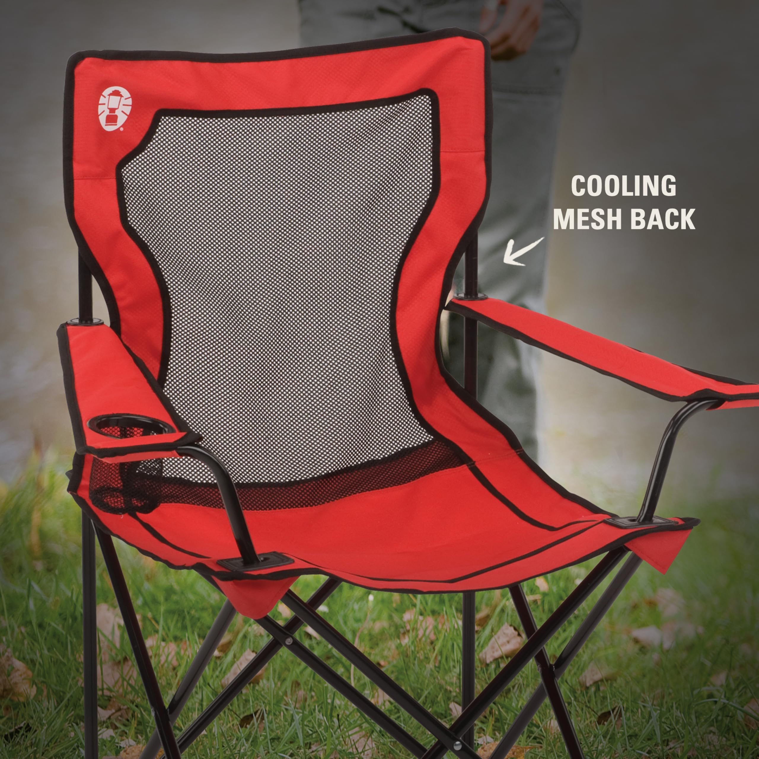 Sturdy Coleman Broadband Mesh Quad Chair steel frame supports up to 250 lbs