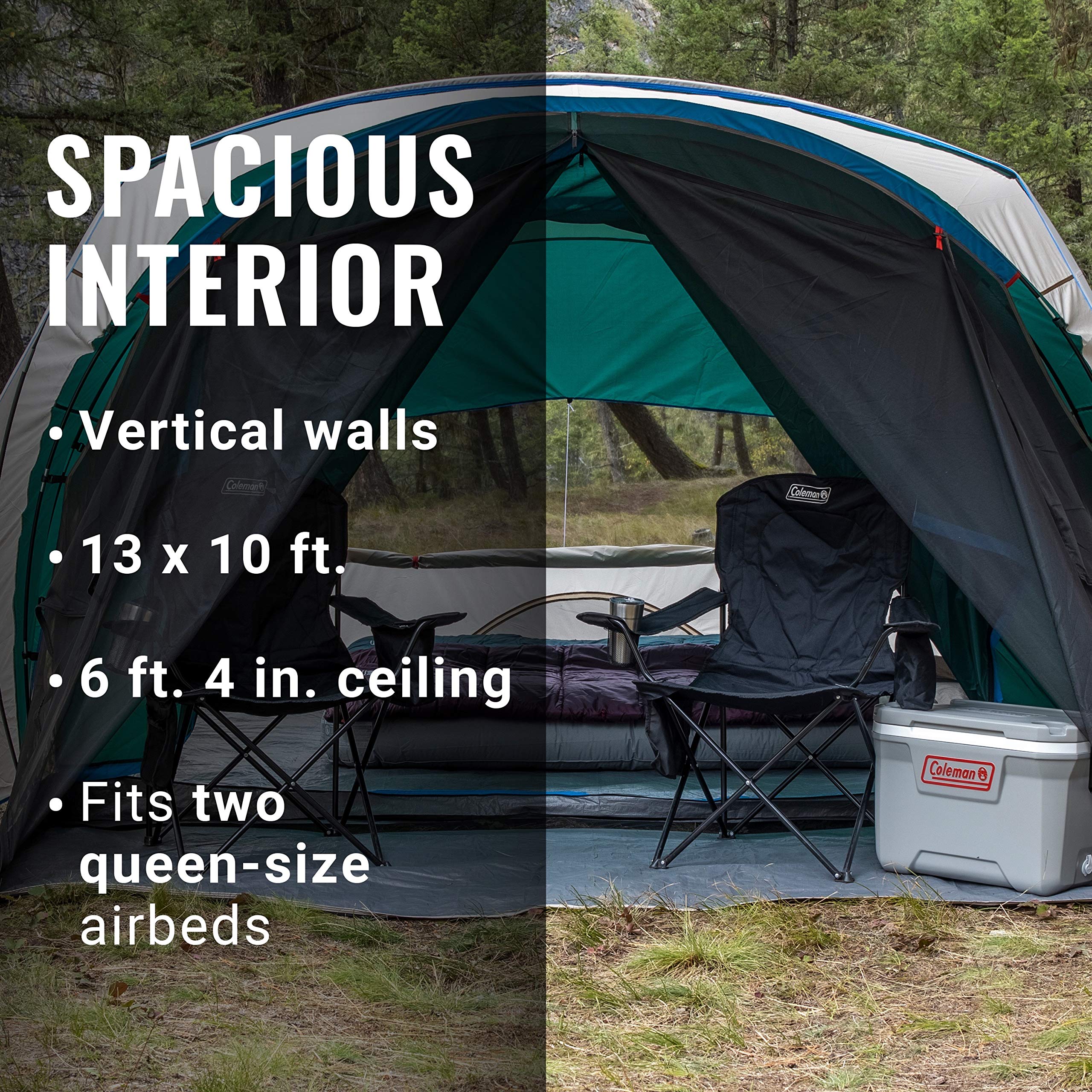 Coleman Cabin Tent panoramic windows brighten interior with light and air.