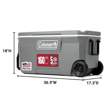 Coleman Classic 100-Quart cooler wheel assembly enabling easy transport over terrain