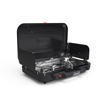 Coleman Classic 3-Burner stove with carry handle for easy campsite transport.
