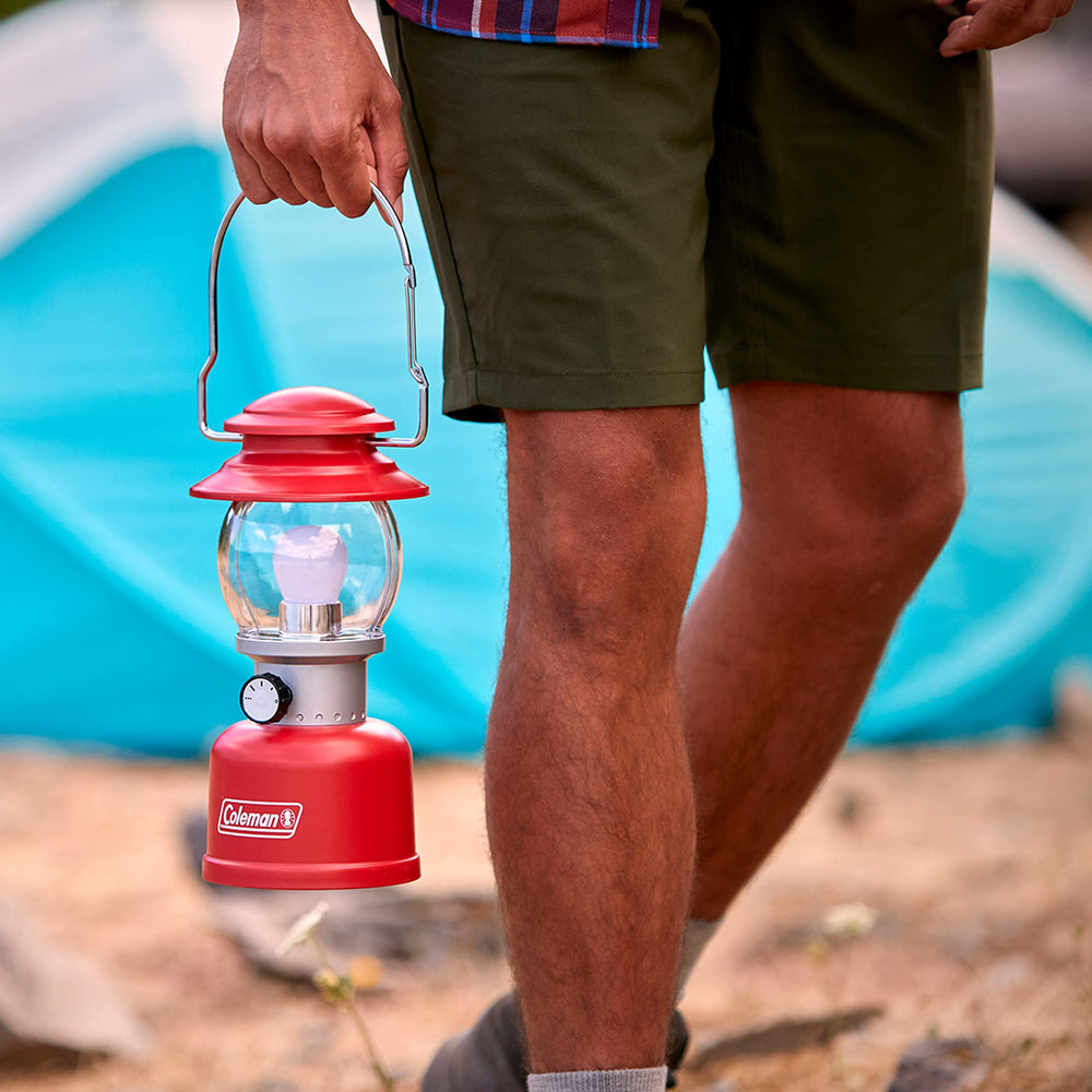 Coleman Classic LED Lantern runs on 4 D batteries for flexible power.