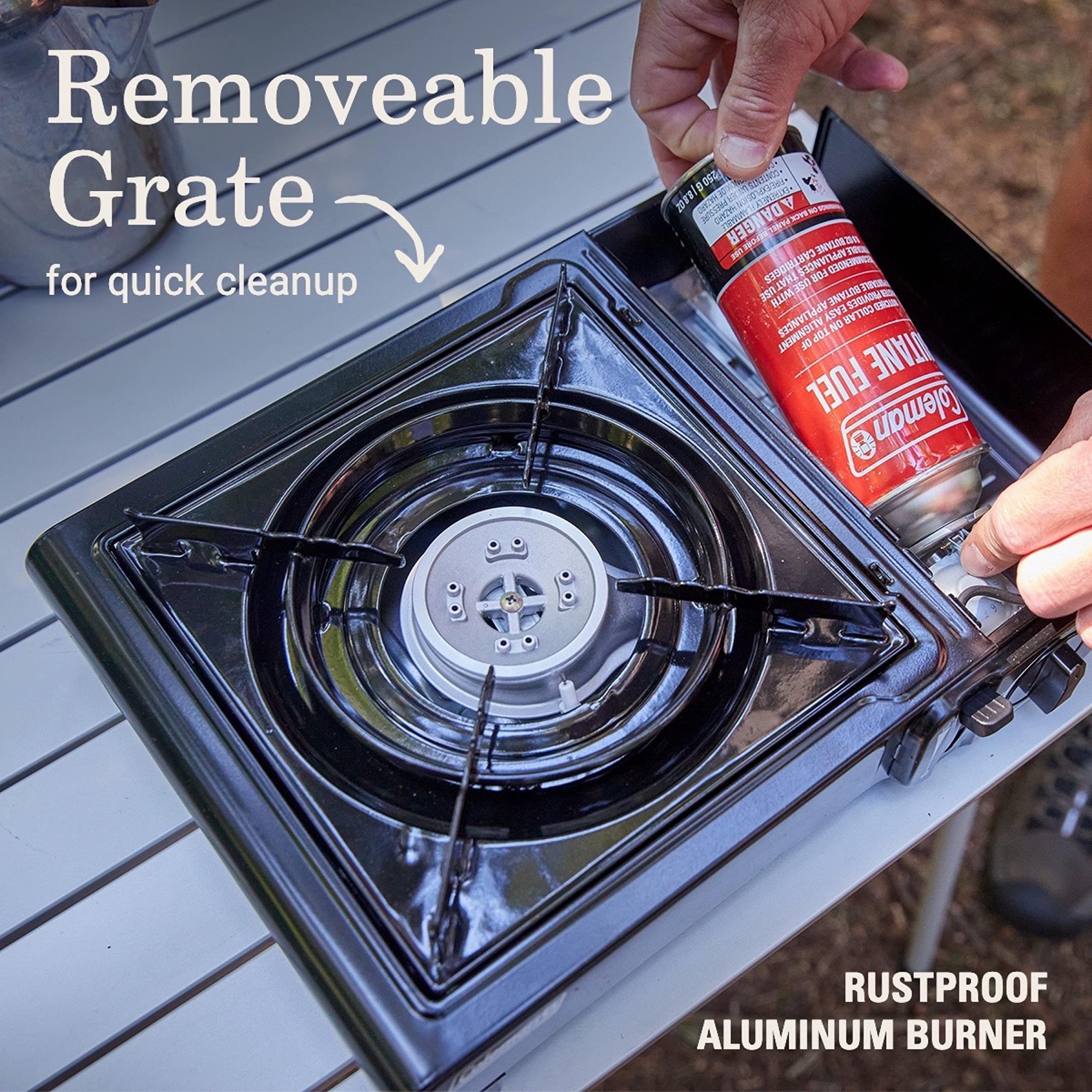 Coleman Classic porcelain-coated grate for quick cleanup after meals
