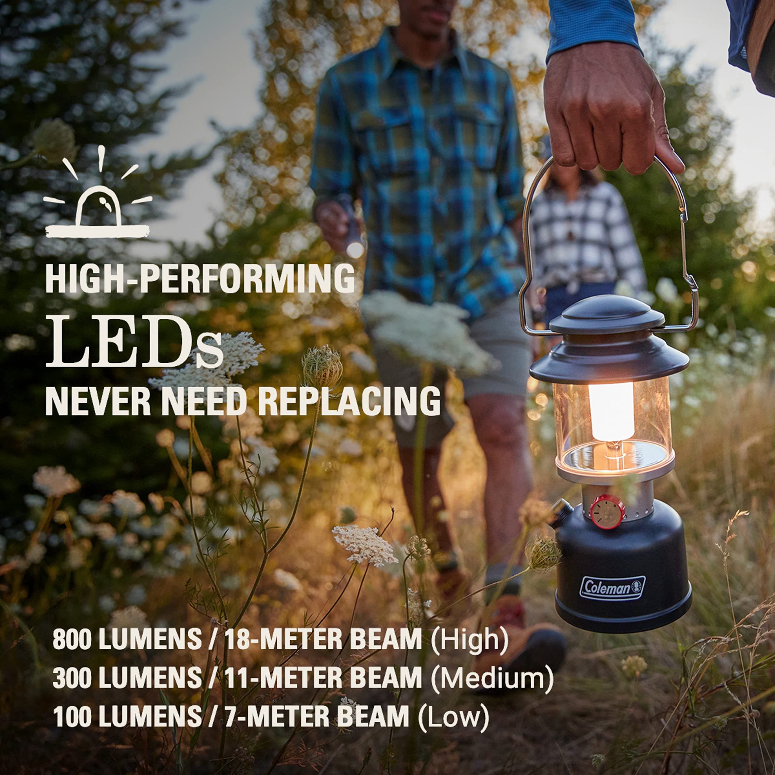 Coleman Classic Rechargeable LED Lantern hanging handle view for overhead lighting with carabiner