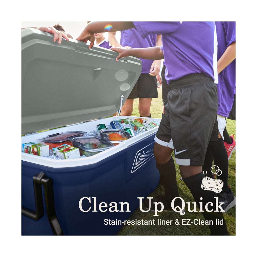 Coleman Classic Series 100-quart cooler capacity holding up to 80 cans and 50 lbs ice.