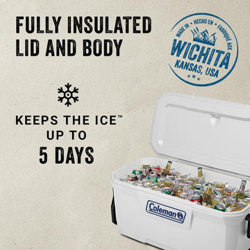 Coleman Classic Series 100qt marine cooler side view with rugged wheels