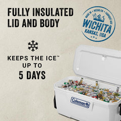 Coleman Classic Series 100qt marine cooler side view with rugged wheels