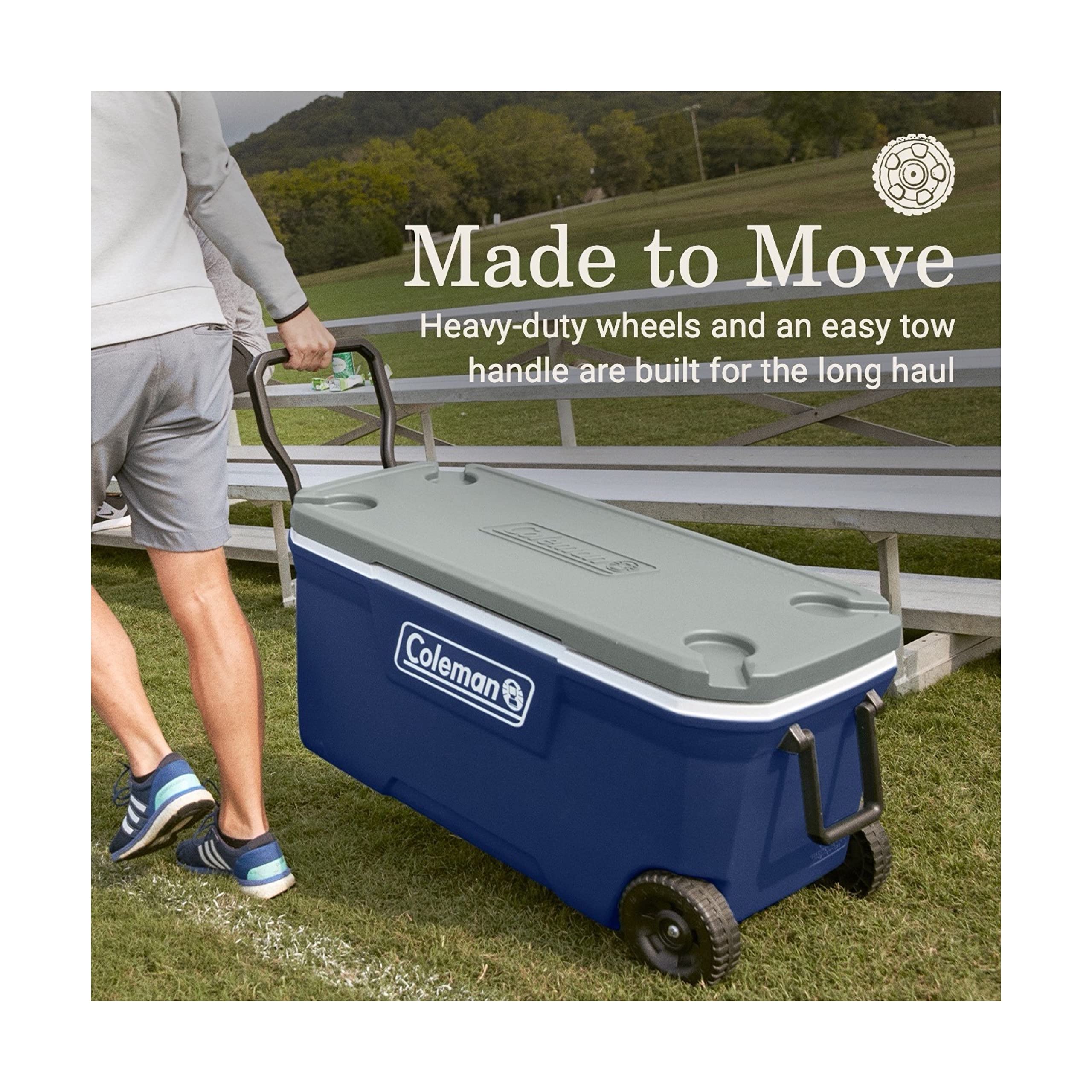 Coleman Classic Series cooler with tethered drain plug to prevent leaks.