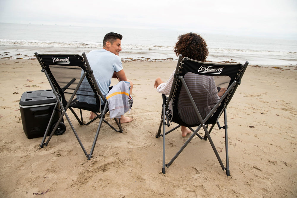 Coleman ComfortSmart chair carrying bag demonstrates easy transport.