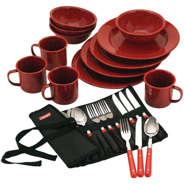 Coleman enamel plates for outdoor dining, durable and easy to clean.