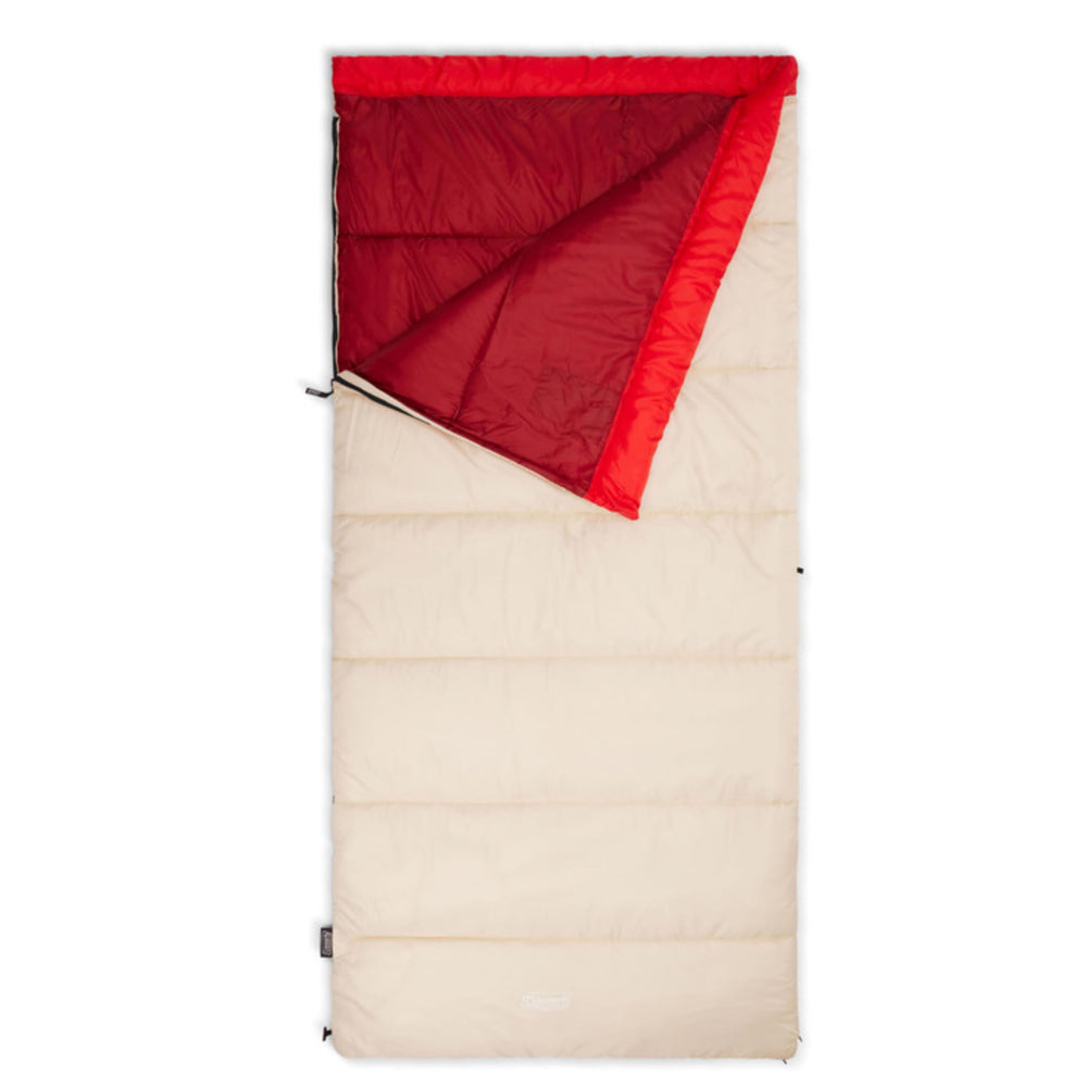 Coleman Flatlands sleeping bag shell closeup highlighting recycled material for sustainable warmth.