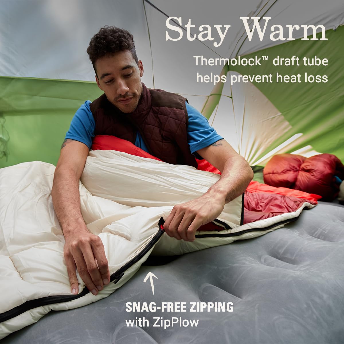 Coleman Flatlands ZipPlow zipper prevents snags for easy on and off.