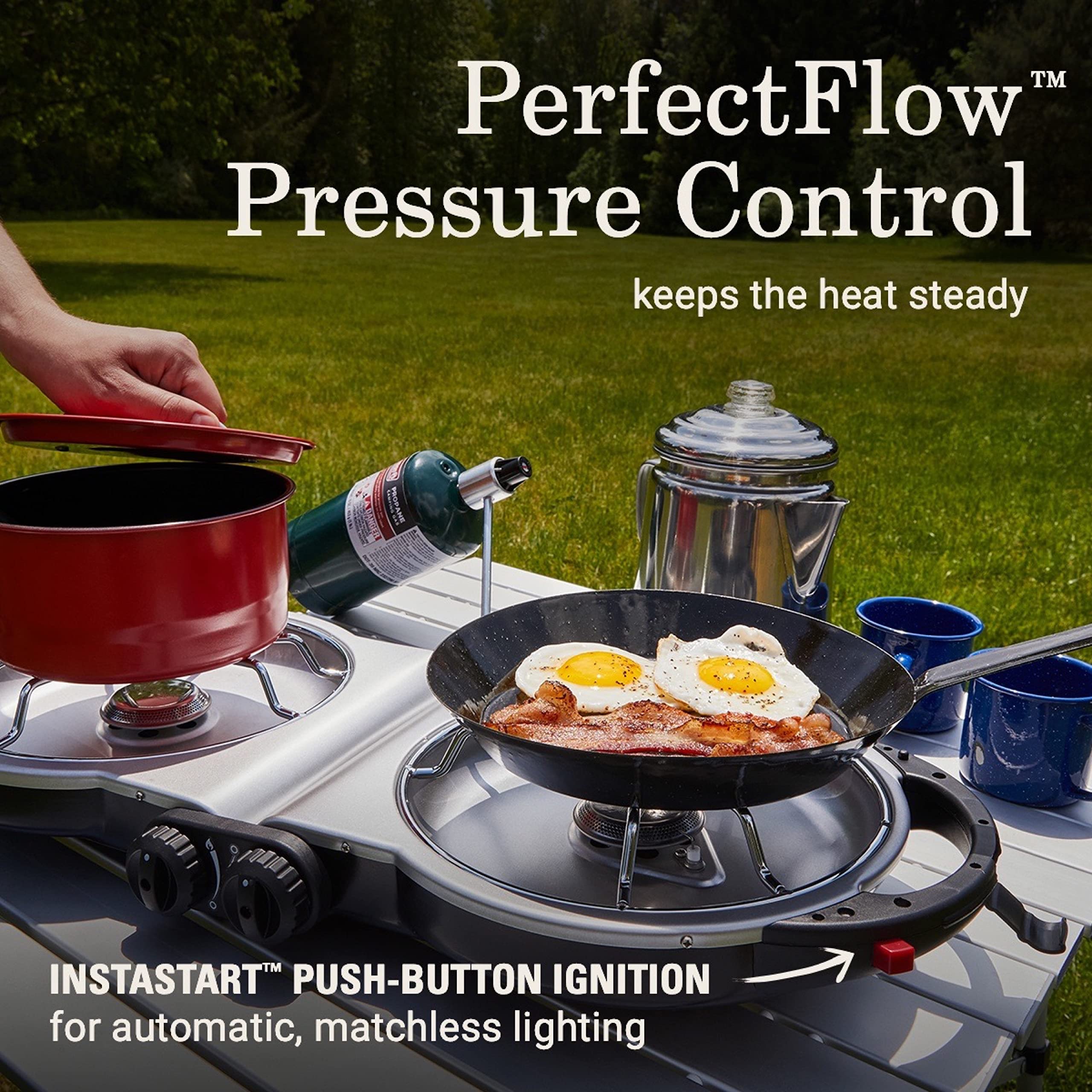 Coleman Fold N Go dual burners with independent control for versatile cooking.