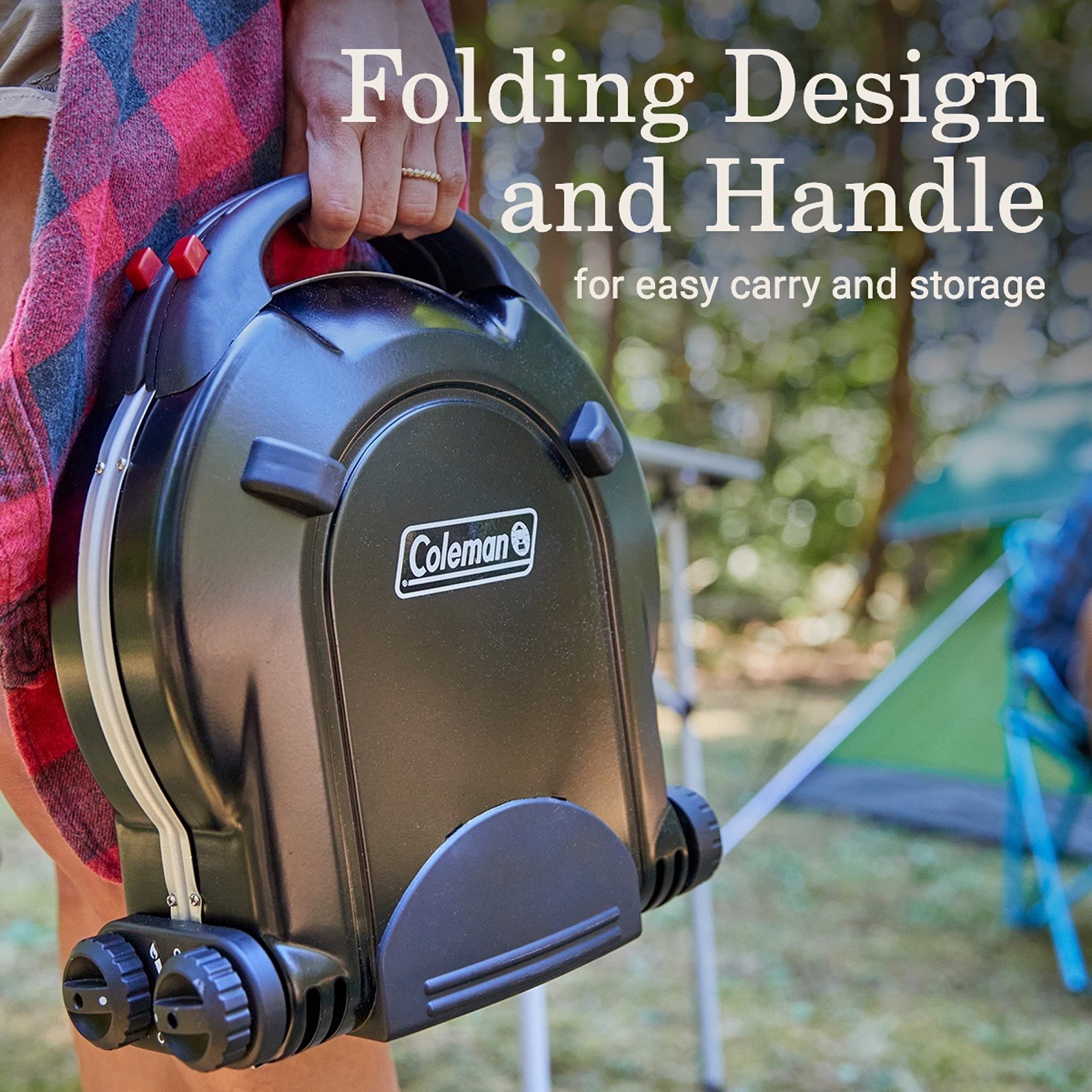 Coleman Fold N Go stove with built-in carry handle for easy transport between spots.
