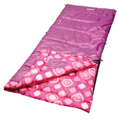 Coleman Kids 45F bag highlights ThermoTech insulation for cozy sleep.
