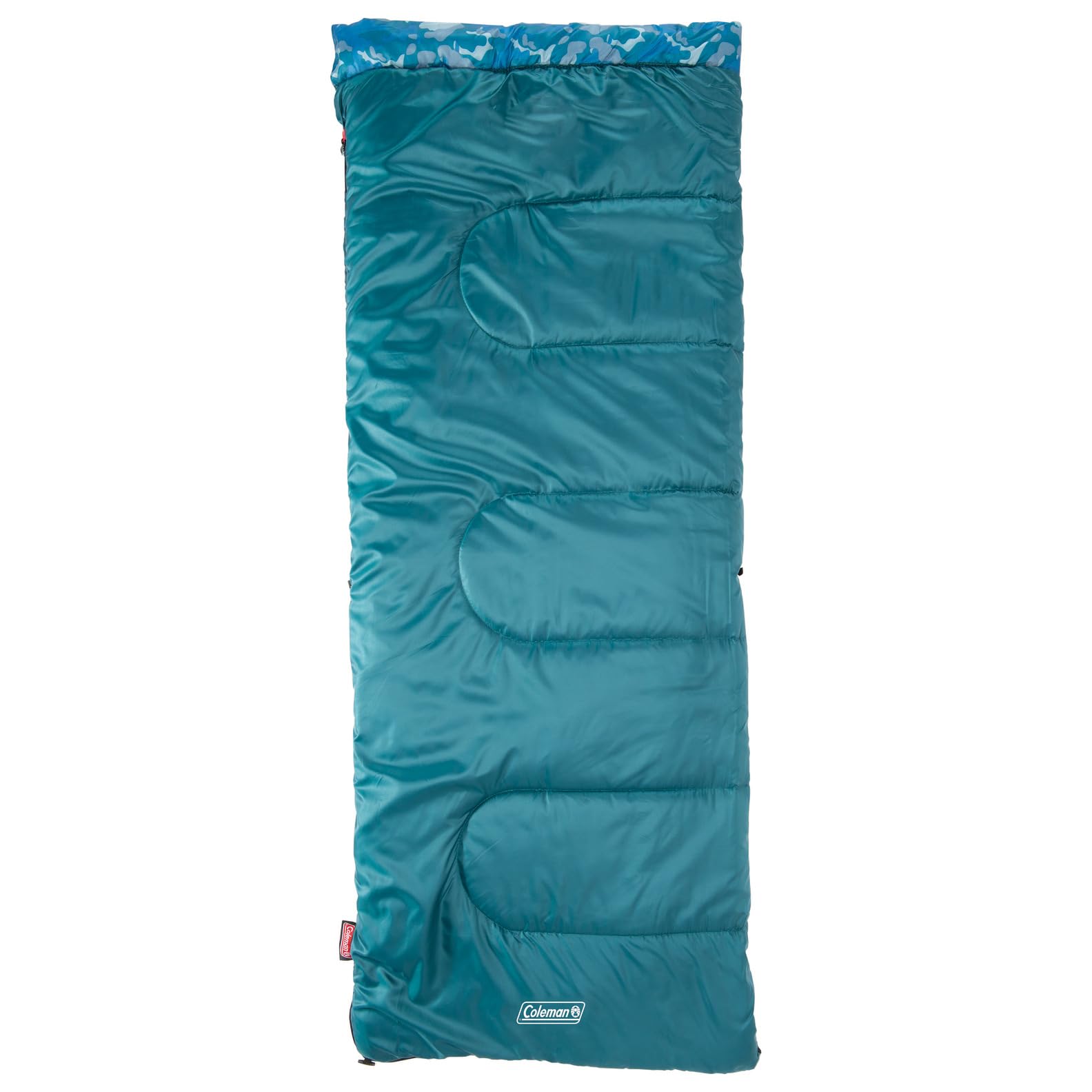 Coleman Kids Camo 45°F bag, rolled up, Roll Control keeps packing tidy
