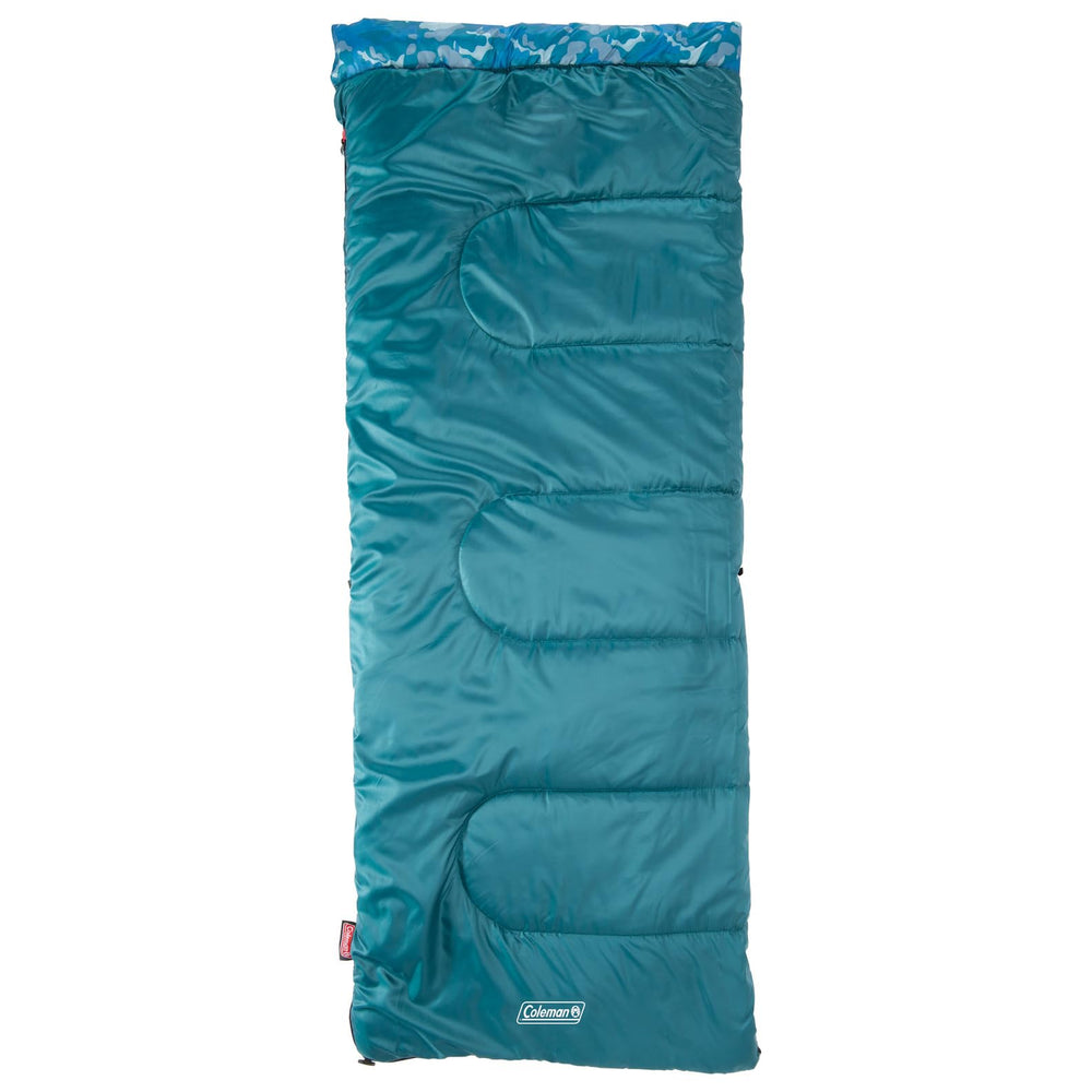 Coleman Kids Camo 45°F bag, rolled up, Roll Control keeps packing tidy
