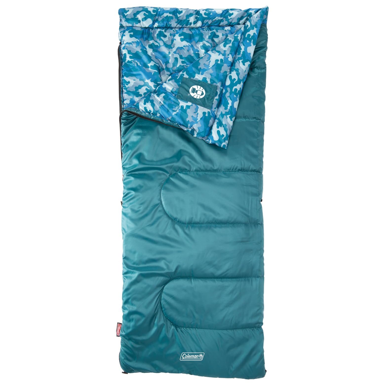 Coleman Kids Camo sleeping bag, side view, lightweight for indoor and outdoor camping
