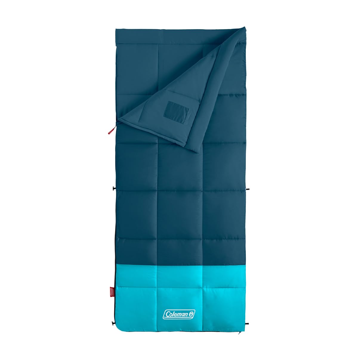 Coleman Kompact sleeping bag close-up shows zipper seal for cold-weather warmth during camping.