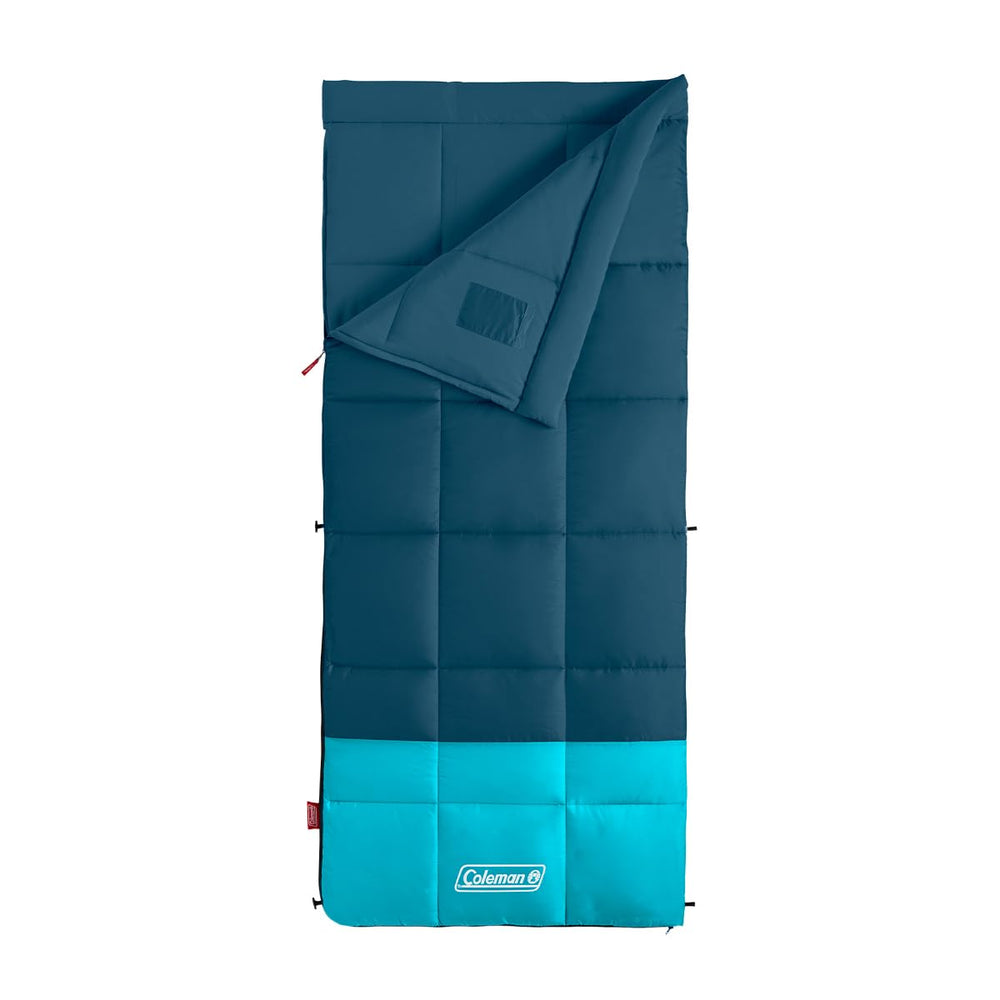 Coleman Kompact sleeping bag close-up shows zipper seal for cold-weather warmth during camping.