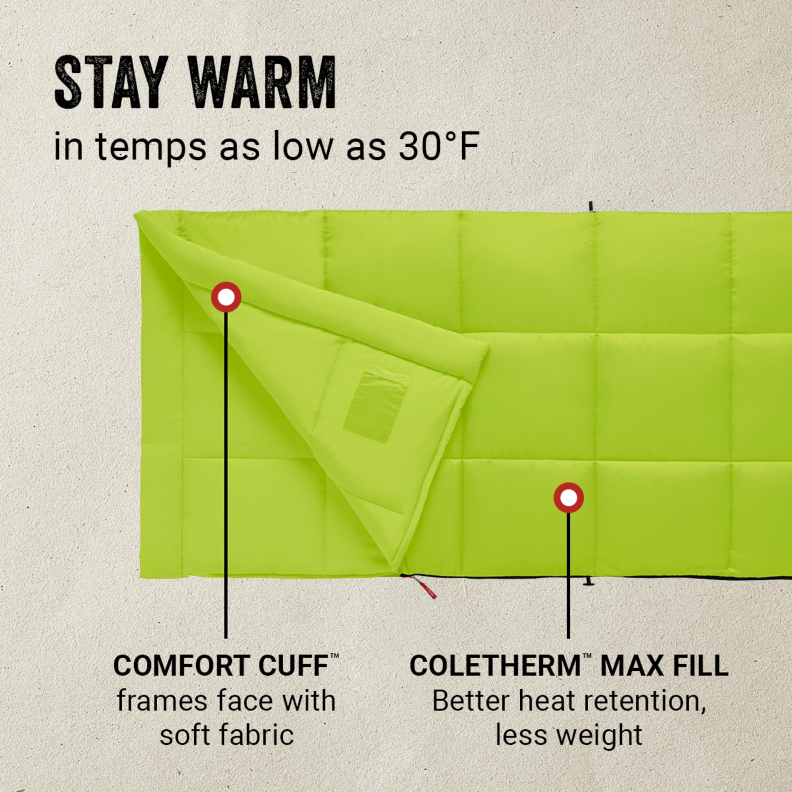 Coleman Kompact sleeping bag showing ZipPlow for snag-free zipping