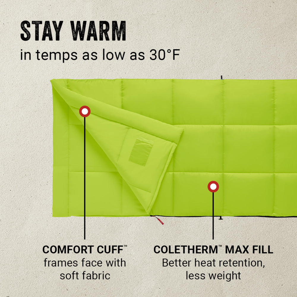 Coleman Kompact sleeping bag showing ZipPlow for snag-free zipping