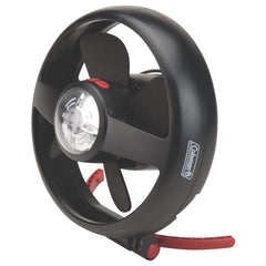 Coleman lighted tent fan stand demonstrates stable setup for hands-free cooling and illumination.