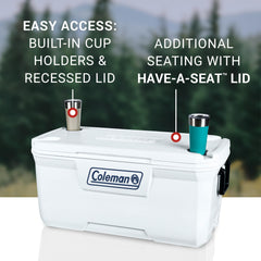 Coleman Marine Cooler have-a-seat lid supports 250 lb for seating.