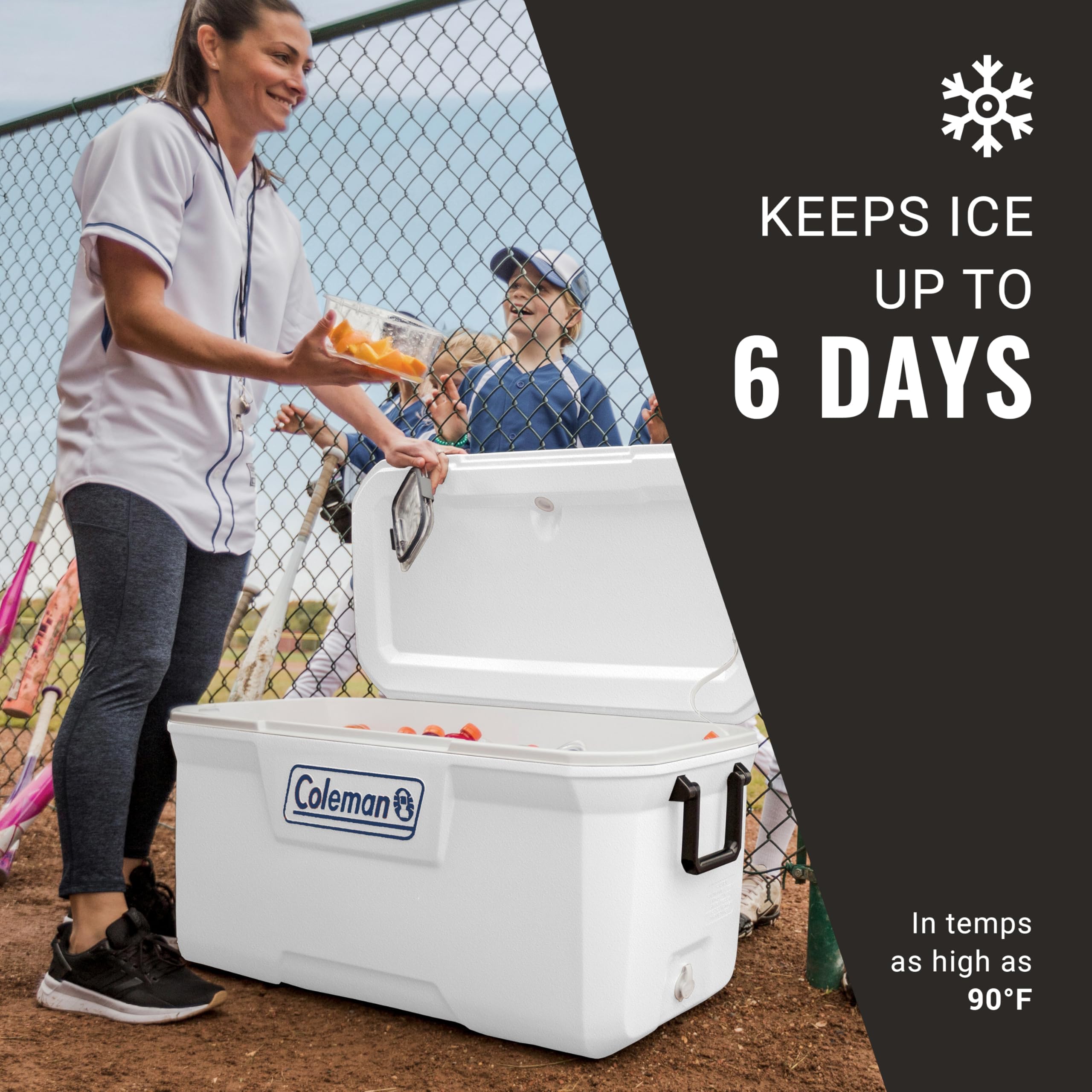 Coleman Marine Cooler demonstrating swing-up handles for easy carrying on deck.