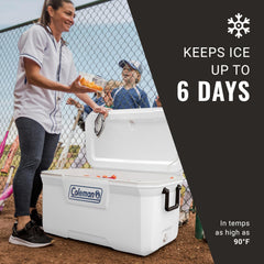 Coleman Marine Cooler demonstrating swing-up handles for easy carrying on deck.