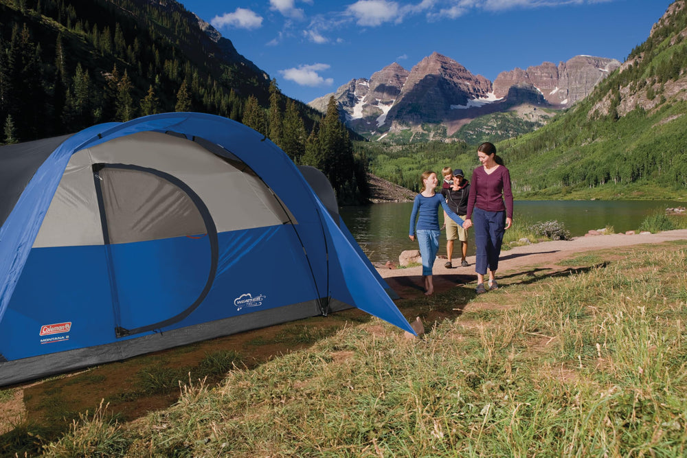 Coleman Montana 8-Person Tent pin-and-ring system: secure poles for reliable framing.