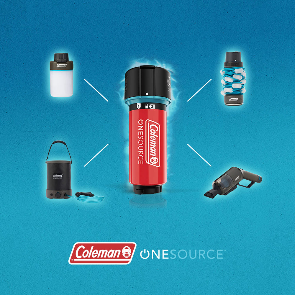 Coleman OneSource collapsible basin stored with hose for transport