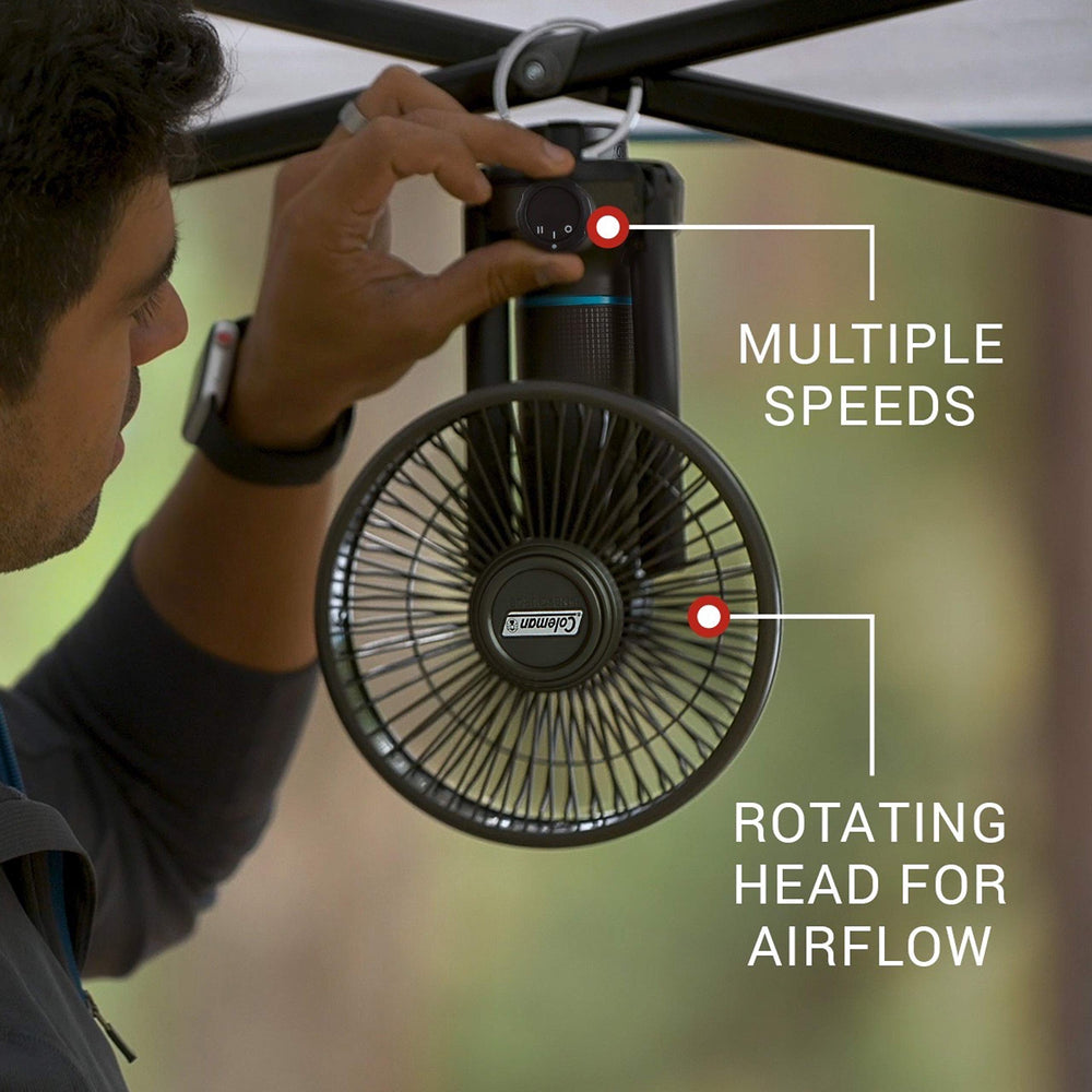 Coleman OneSource outdoor fan with hanging hook delivering targeted airflow.