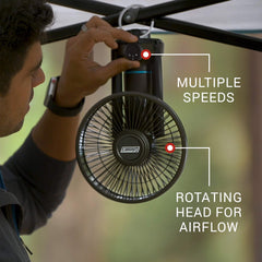 Coleman OneSource outdoor fan with hanging hook delivering targeted airflow.