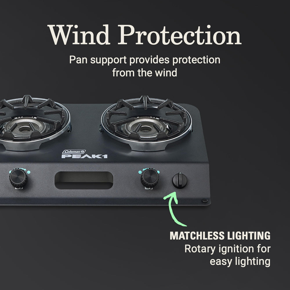 Coleman PEAK1 stair-step burner design promotes even heat across pots