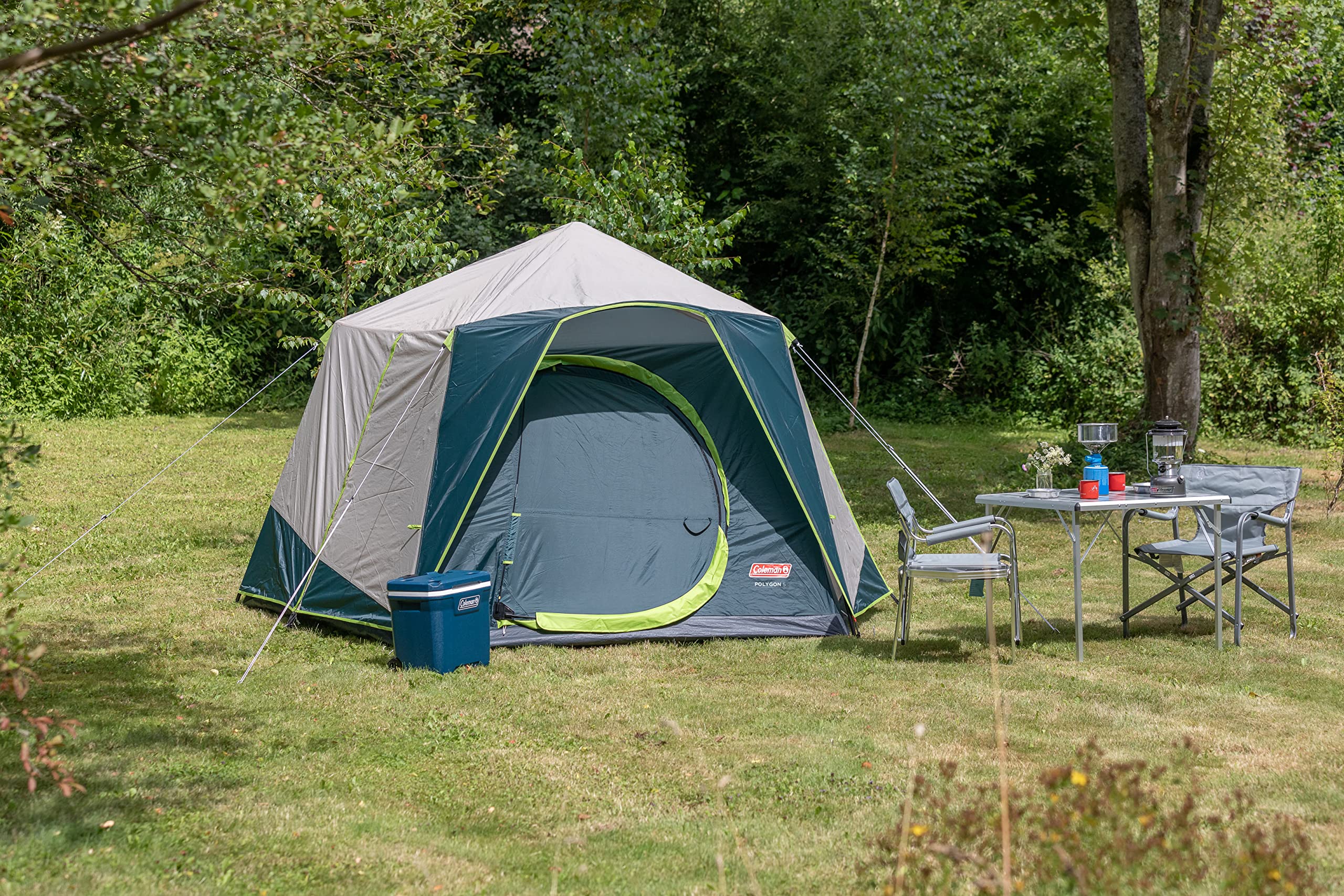 Coleman Polygon 5 mosquito-net lounge option ready for garden use