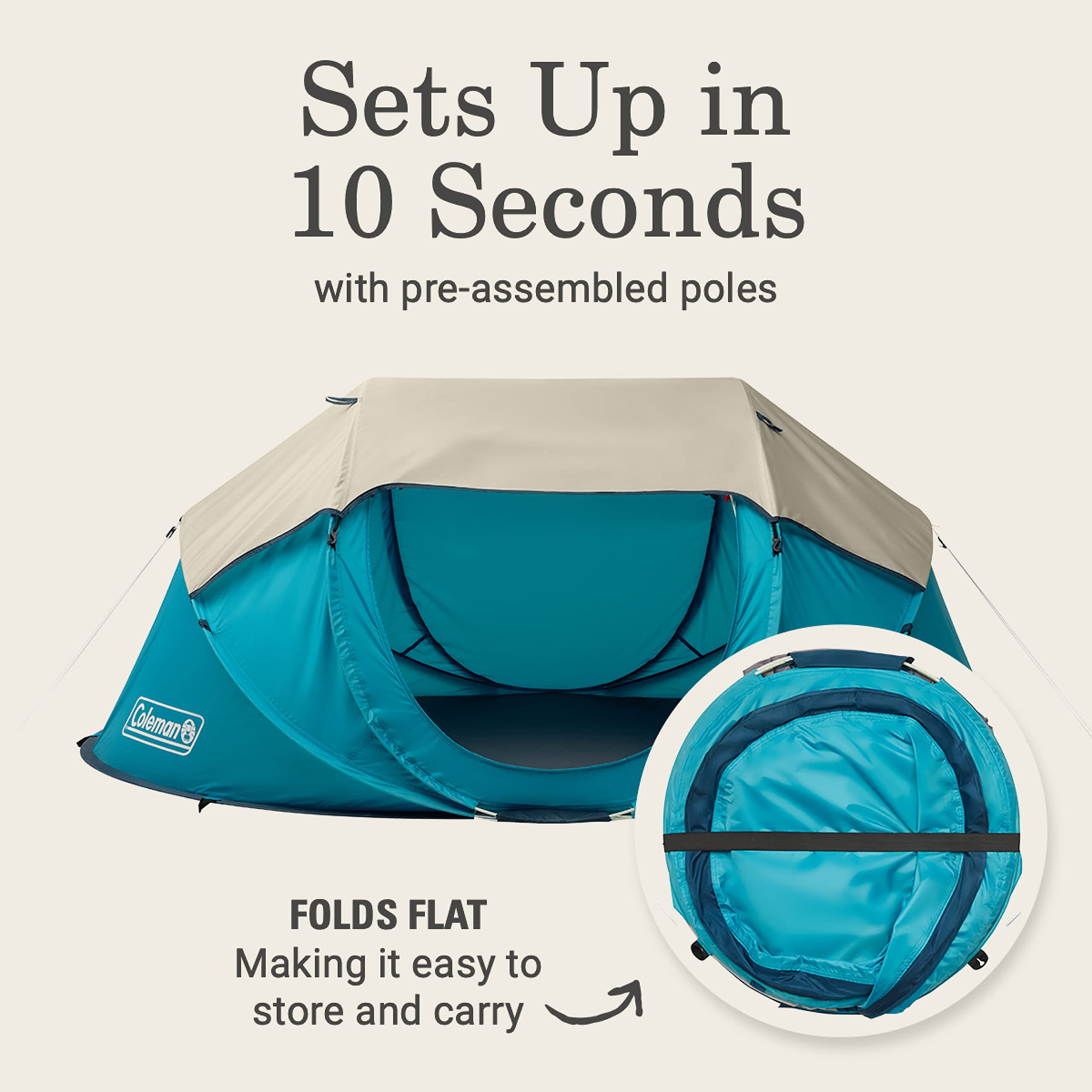 Coleman Pop-Up Tent with adjustable rainfly for weather-ready ventilation.
