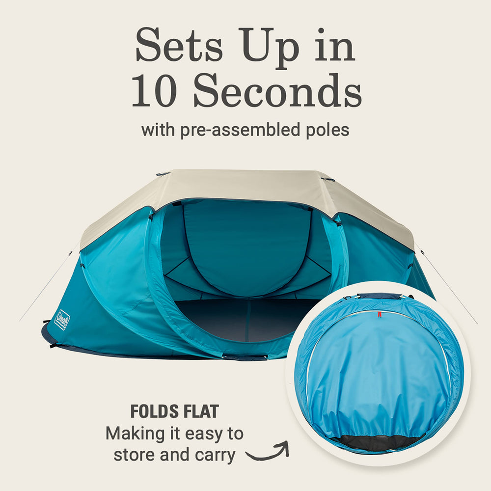 Coleman pop-up tent with adjustable rainfly for weather-ready ventilation.