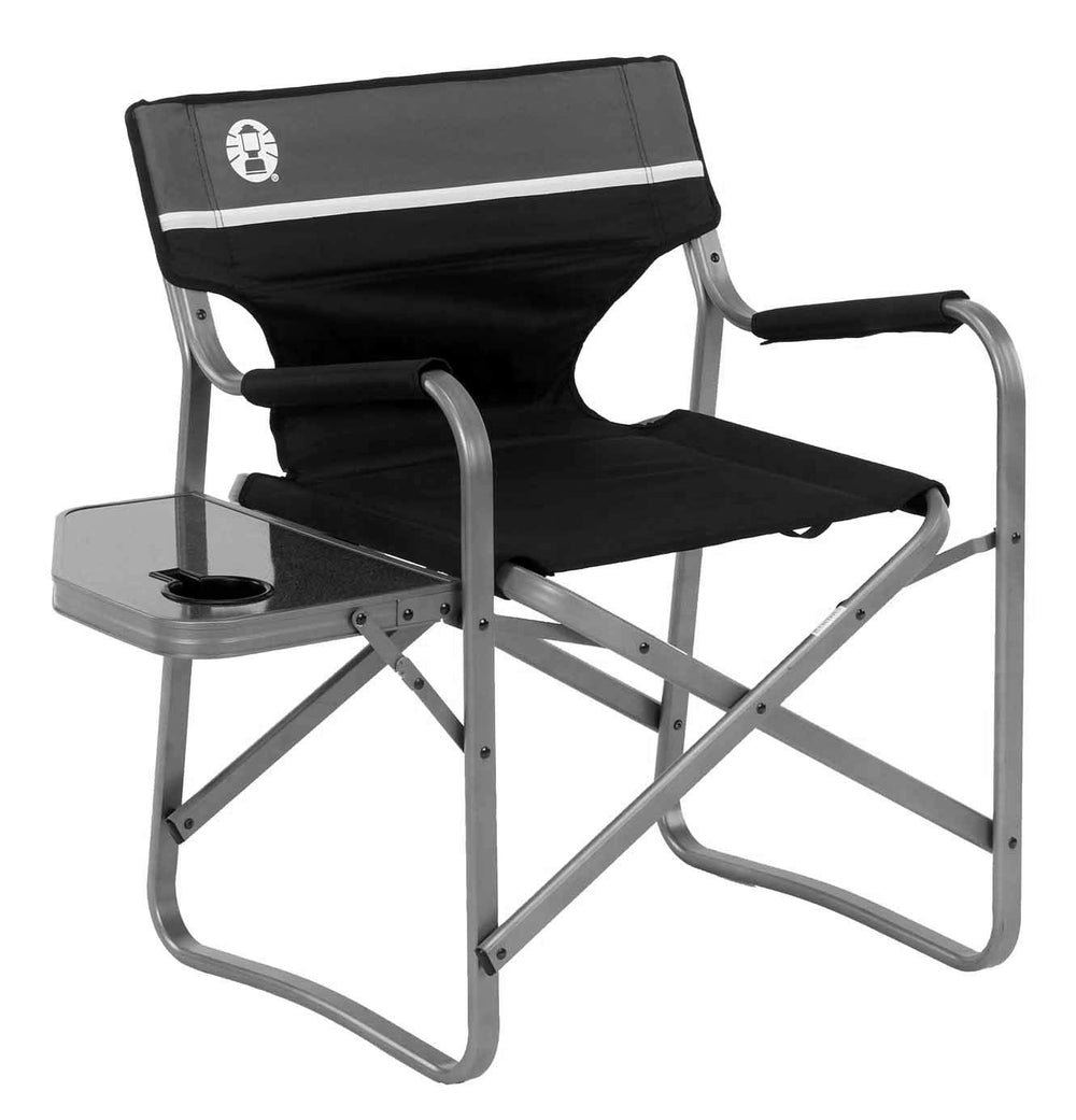 Coleman portable camp chair with side table and cup holder for easy outdoor lounging.