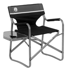 Coleman portable camp chair with side table and cup holder for easy outdoor lounging.