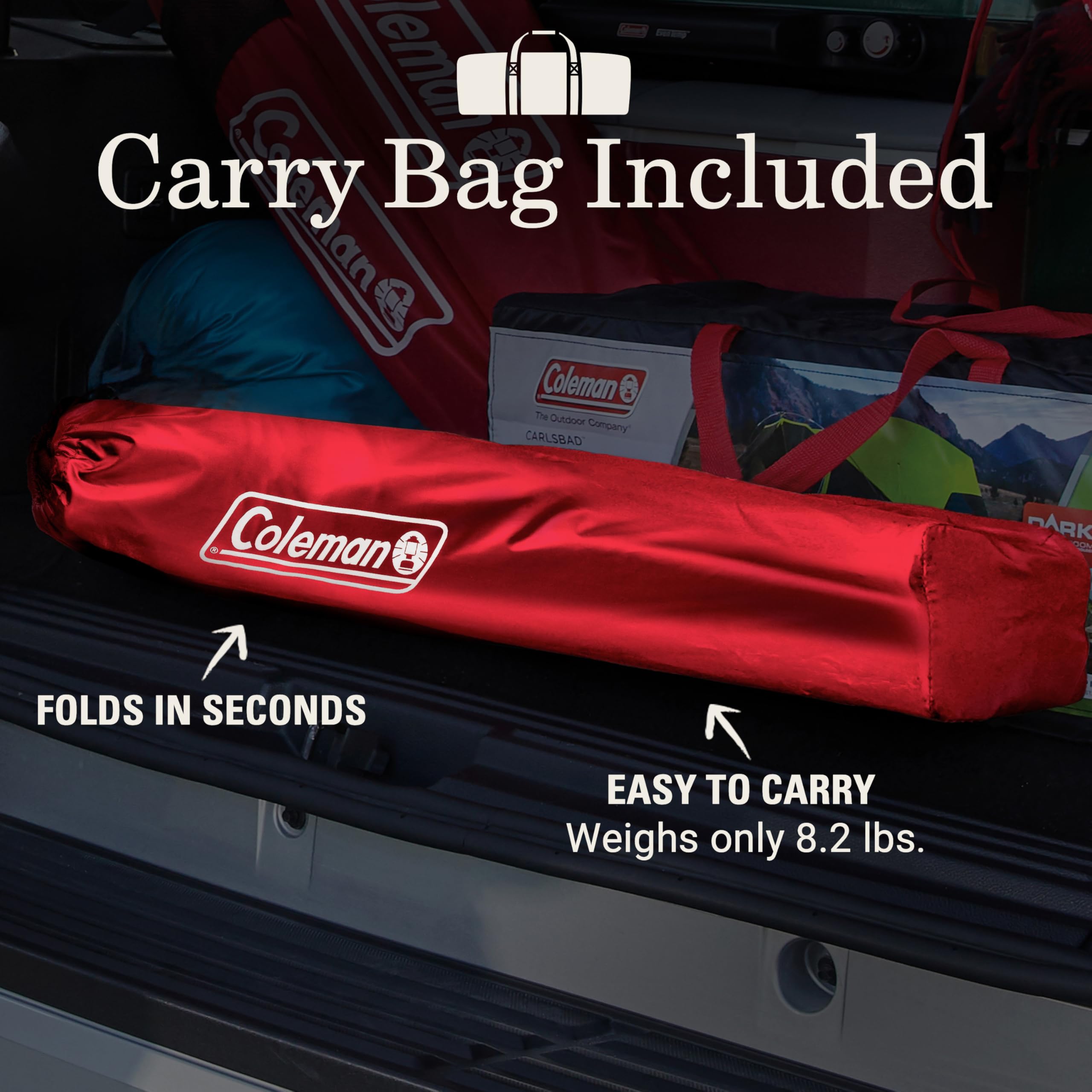 Coleman portable camping chair cooler pouch keeps beverages cold nearby.