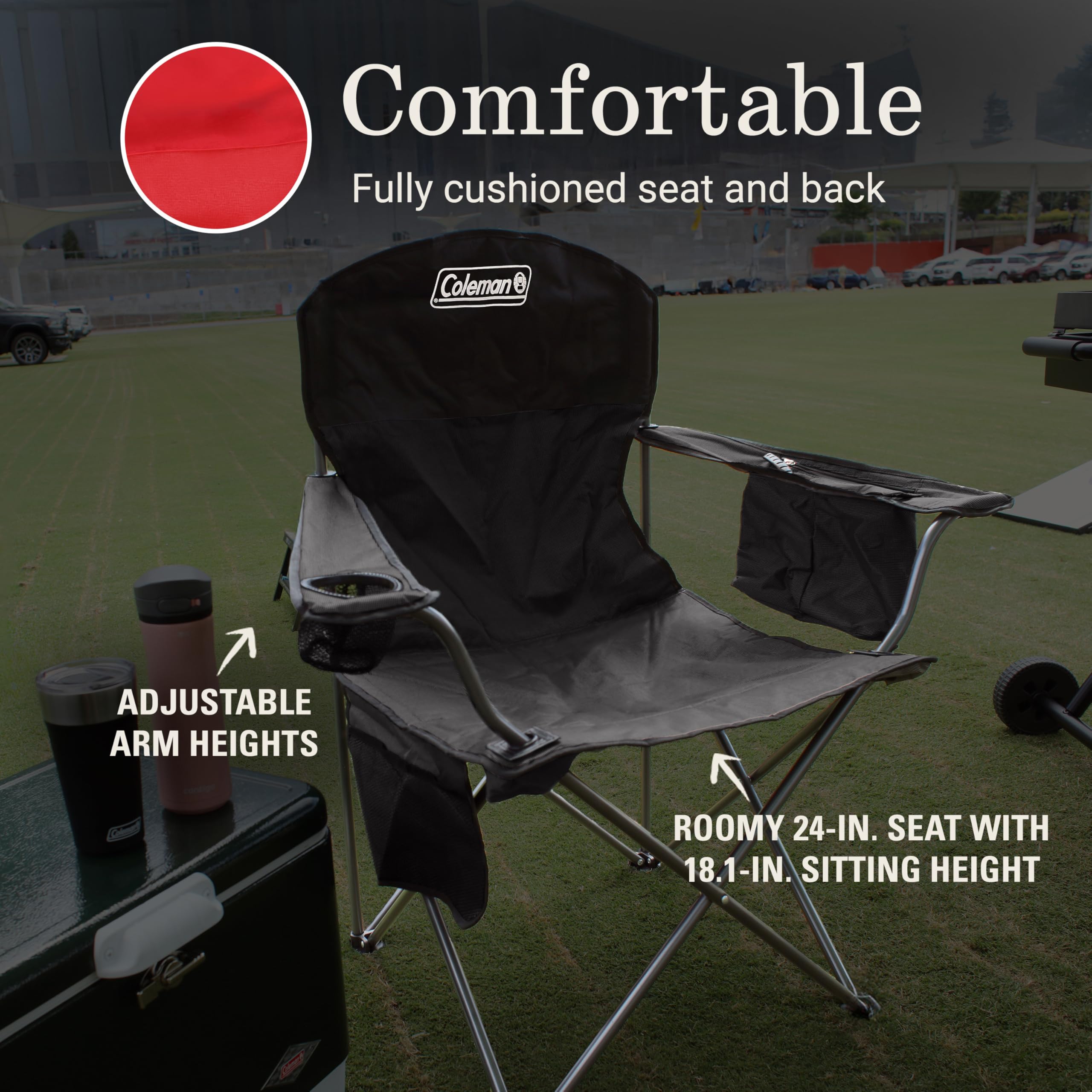Coleman portable camping chair folding design for easy storage and transport.