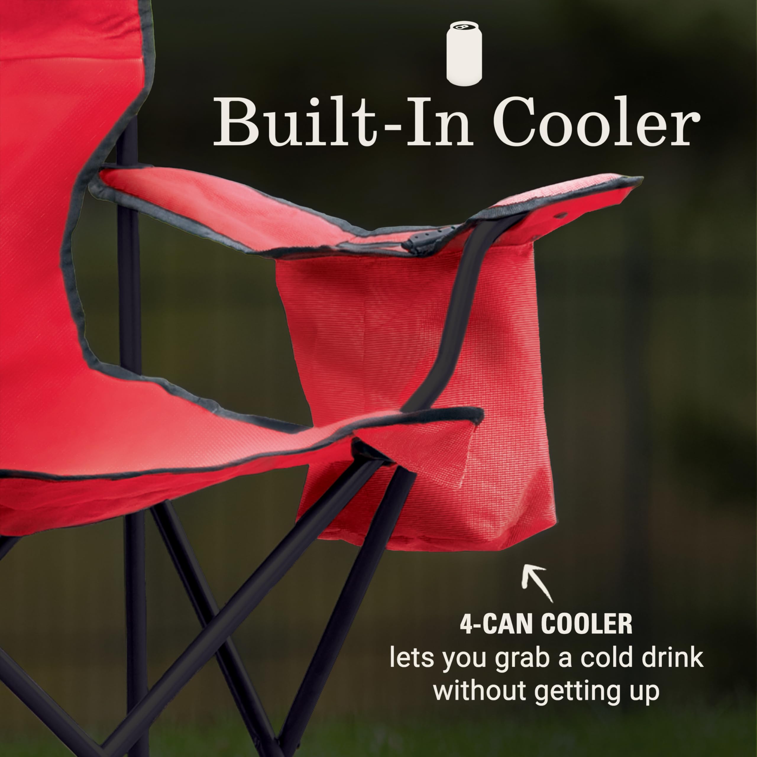 Coleman portable camping chair with mesh cup holder for drinks on the go.