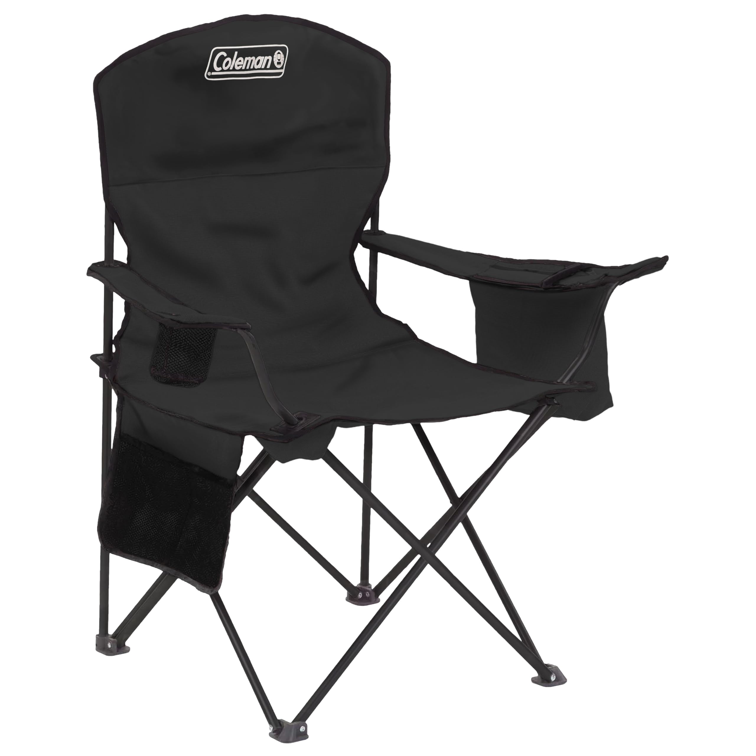 Coleman portable chair with 4-can cooler keeps drinks handy at the campsite.