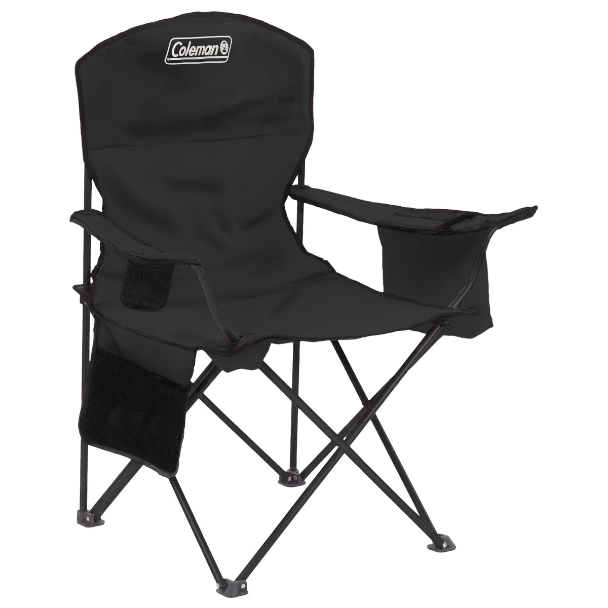 Coleman portable chair with 4-can cooler keeps drinks handy at the campsite.