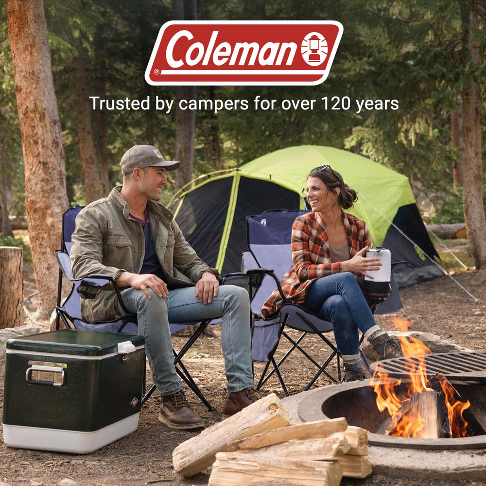 Coleman portable chair cushions seat and back for extended outdoor comfort.