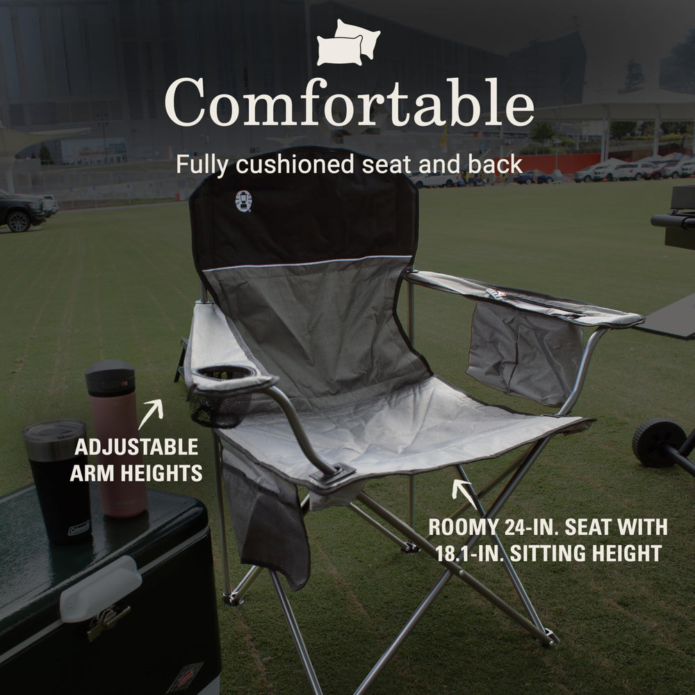 Coleman portable chair spacious 24-inch seat accommodates larger users comfortably.