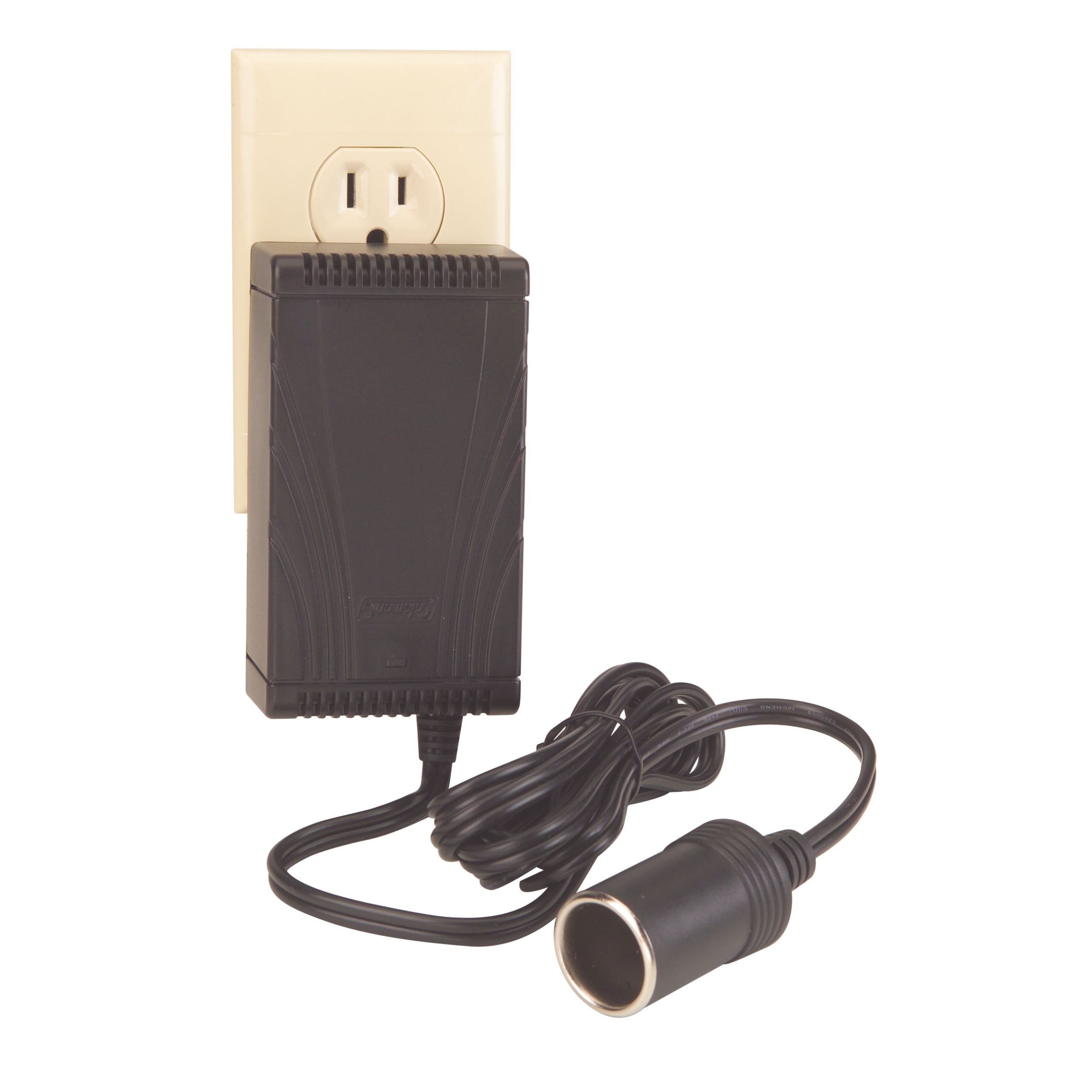 Coleman Power Supply Adaptor plugged into a wall outlet powers a 12V cooler.